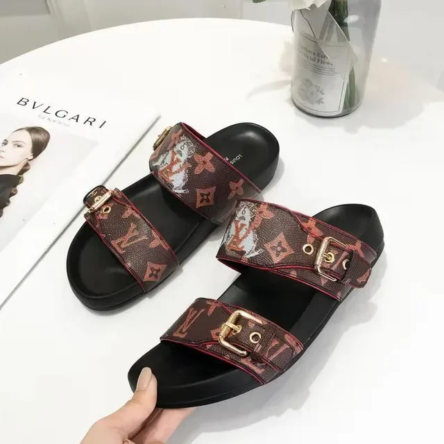 Louis Vuitton سلاید دوبل ستريب مونوغرام بني احمر تطريز كاجوال صندل 4