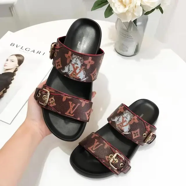 Louis Vuitton سلاید دوبل ستريب مونوغرام بني احمر تطريز كاجوال صندل 5