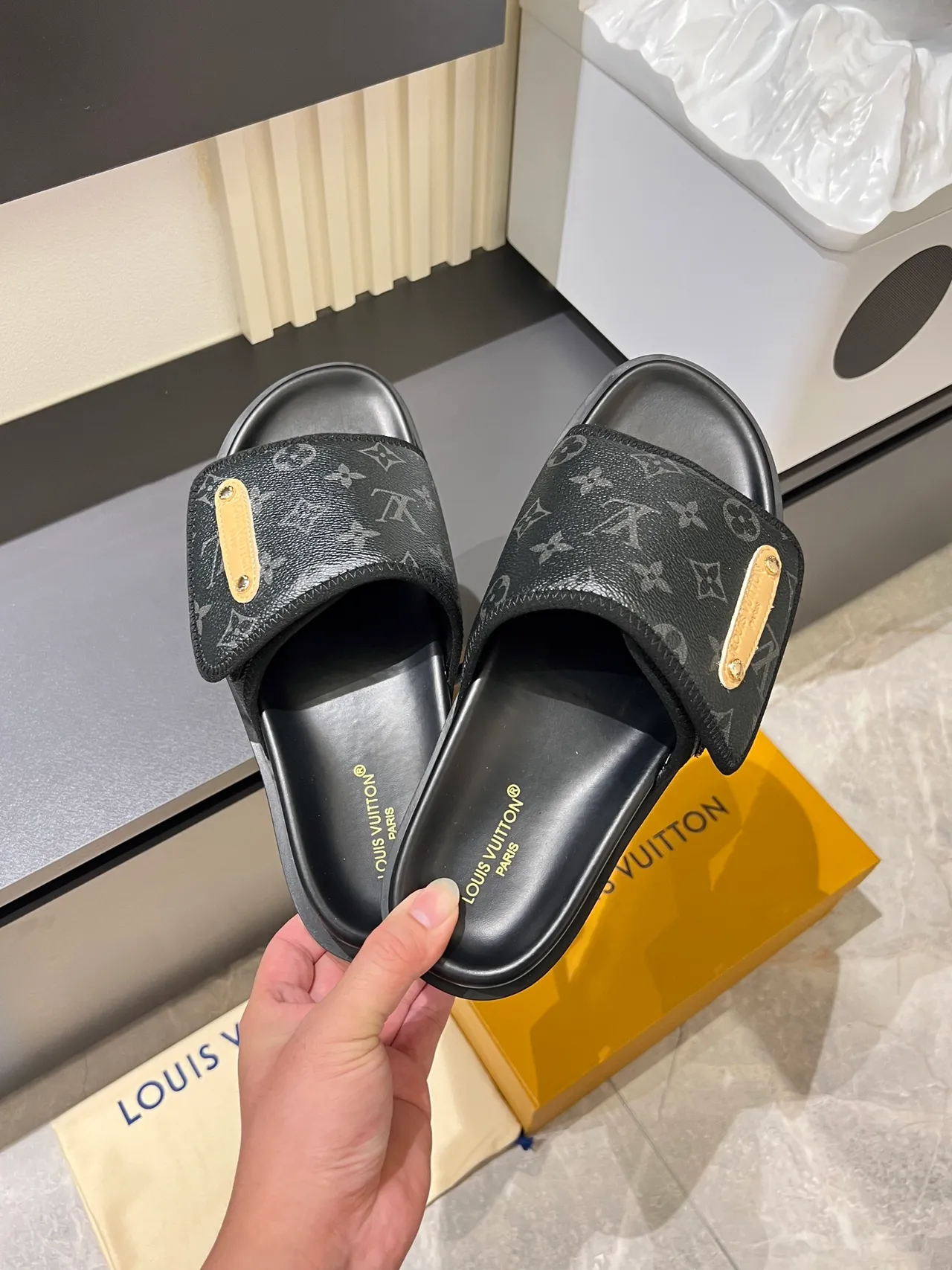 Louis Vuitton Slides Brown Black Monogrammed Strap Gold-Tone Plaque Slippers 6