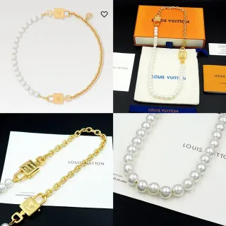 Collier Louis Vuitton Perles Chaîne Or Blanc Fermeture Verrou