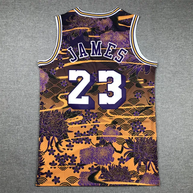 Mitchell & Ness 2018–19 LeBron James Hardwood Classics बैंगनी नारंगी फूल-खरगोश मोटिफ जर्सी 2