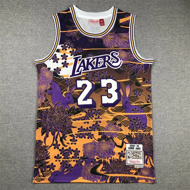 Mitchell & Ness 2018–19 LeBron James Hardwood Classics बैंगनी नारंगी फूल-खरगोश मोटिफ जर्सी 3