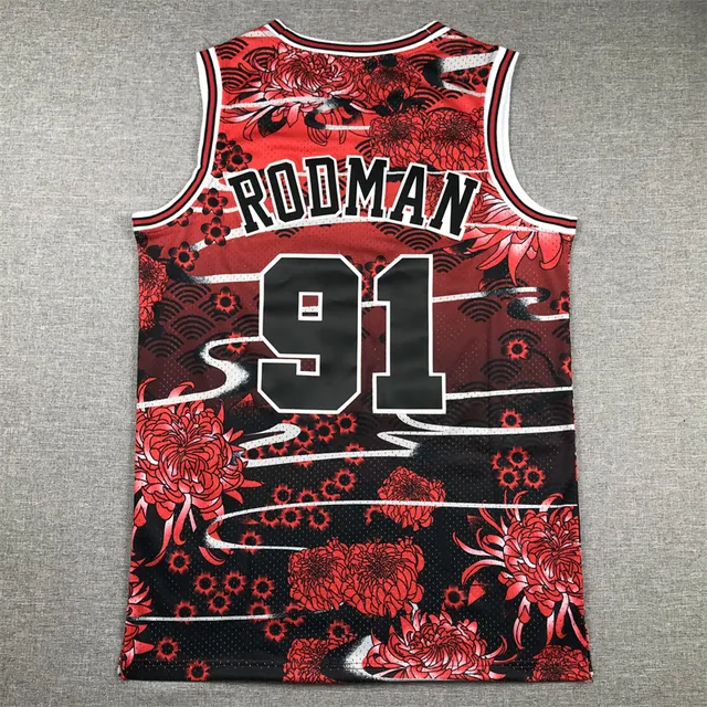 Mitchell & Ness Hardwood Classics 1997–98 Dennis Rodman Camiseta Rojo Negro Floral Conejo 2
