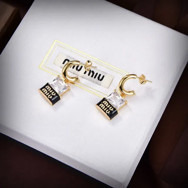 Miu Miu Logo Charm Hoop Gold Black Dangles Earrings 3