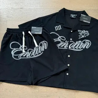 Mixed Emotion Script Logo III Black Collared Shirt and Shorts Casual Set