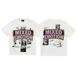 Mixed Emotion White Pink Graphic-Print Collage-Style T-Shirt