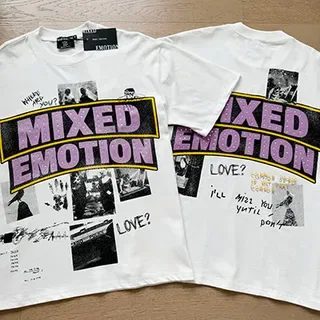تي شيرت Mixed Emotion أبيض ووردي بطباعة جرافيك ستايل كولاج 4