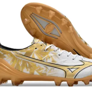 Mizuno Football Cleat White and Gold Leaf Pattern Firm-Ground Soccer Shoes