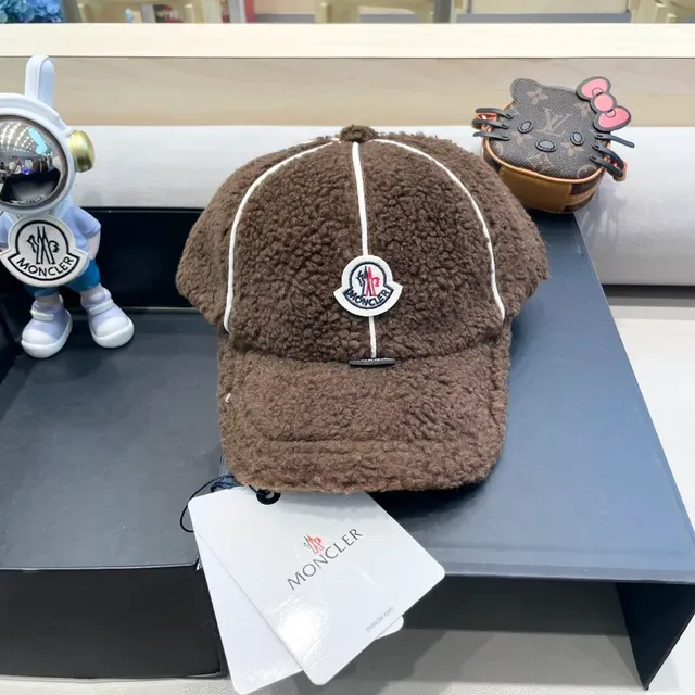Moncler Marrom Branco Plush Sherpa Exterior Contraste Topstitching Chapéu 2