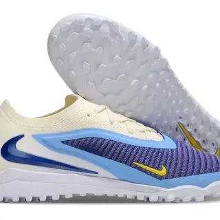 Nike Beige Blue Engineered Knit Upper Asymmetrical Overlay Turf Soccer Shoes