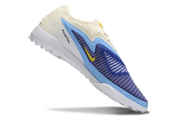 Nike Beige Blue Engineered Knit Upper Asymmetrical Overlay Turf Soccer Shoes 2