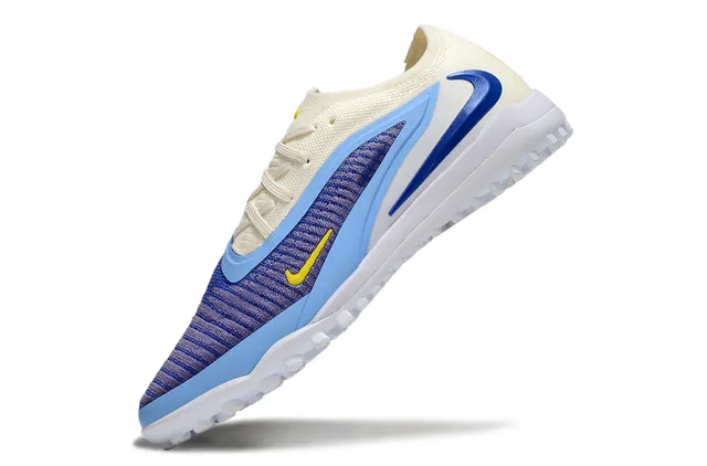 Nike Beige Blue Engineered Knit Upper Asymmetrical Overlay Turf Soccer Shoes 3