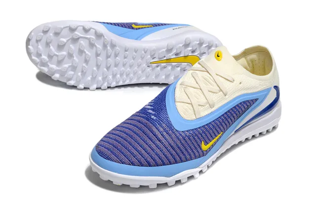 Nike Beige Blue Engineered Knit Upper Asymmetrical Overlay Turf Soccer Shoes 4