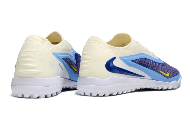 Nike Beige Blue Engineered Knit Upper Asymmetrical Overlay Turf Soccer Shoes 5