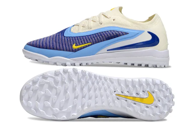 Nike Beige Blue Engineered Knit Upper Asymmetrical Overlay Turf Soccer Shoes 6