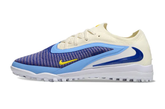 Nike Beige Blue Engineered Knit Upper Asymmetrical Overlay Turf Soccer Shoes 7