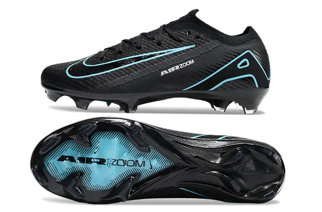 Nike Sapatos de futebol pretos e azuis de corte baixo com upper de knit, overlay de gaiola dinâmica e para gramado firme 6