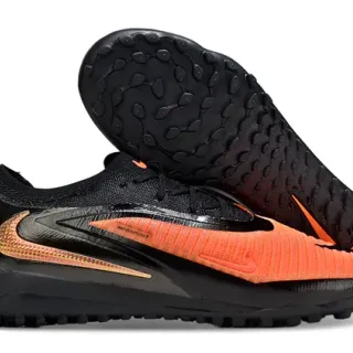 Nike Tênis de Futebol Turf Preto Laranja Upper de Tricô de Perfil Baixo Sistema de Cadarço Assimétrico