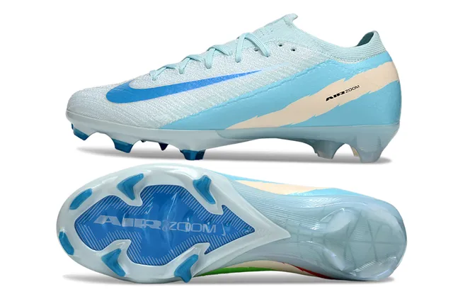 Nike Azul Bege Flyknit Upper Cadarço Assimétrico Firm-Ground Sapatos de Futebol 6