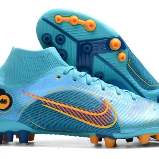 Nike Blue Orange High-Cut Sock-Fit Collar Dynamic Flame Graphic Overlay Firm-Ground Soccer Shoes