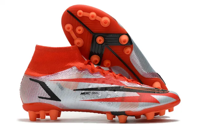 Nike Blue Orange High-Cut Sock-Fit Collar Dynamic Flame Graphic Overlay Firm-Ground Soccer Shoes 9