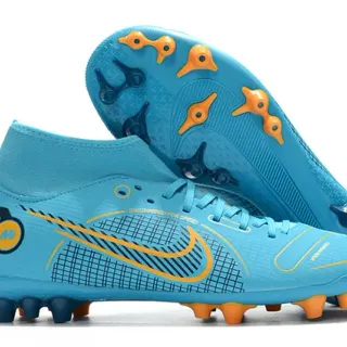 Nike Blue Orange High-Cut Sock-Fit Collar Grid-Textured Synthetic Upper Firm-Ground Soccer Shoes