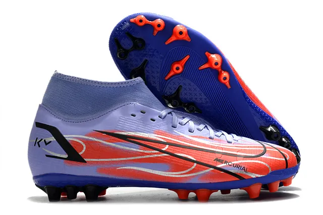 Nike Zapatillas de fútbol azul y naranja de corte alto, cuello para calcetín, texturizado en rejilla, upper sintético, para terreno firme 9