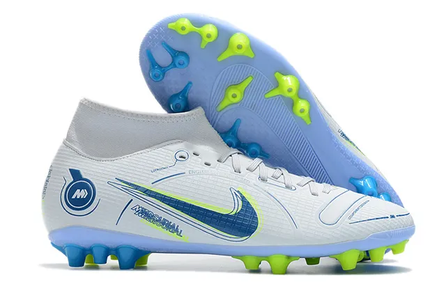 Nike Zapatillas de fútbol azul y naranja de corte alto, cuello para calcetín, texturizado en rejilla, upper sintético, para terreno firme 13