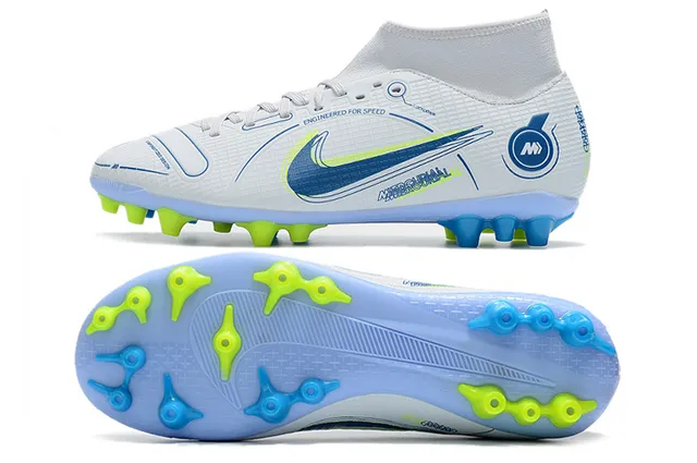 Nike Zapatillas de fútbol azul y naranja de corte alto, cuello para calcetín, texturizado en rejilla, upper sintético, para terreno firme 14