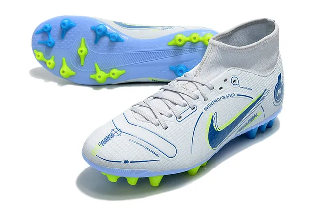Nike Zapatillas de fútbol azul y naranja de corte alto, cuello para calcetín, texturizado en rejilla, upper sintético, para terreno firme 18