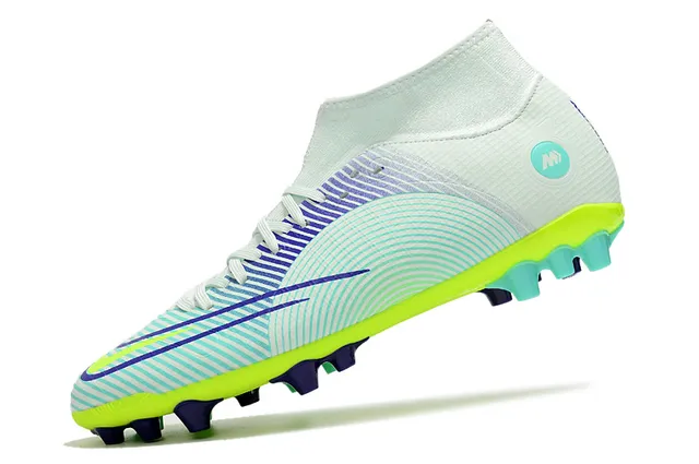 Nike Zapatillas de fútbol azul y naranja de corte alto, cuello para calcetín, texturizado en rejilla, upper sintético, para terreno firme 22