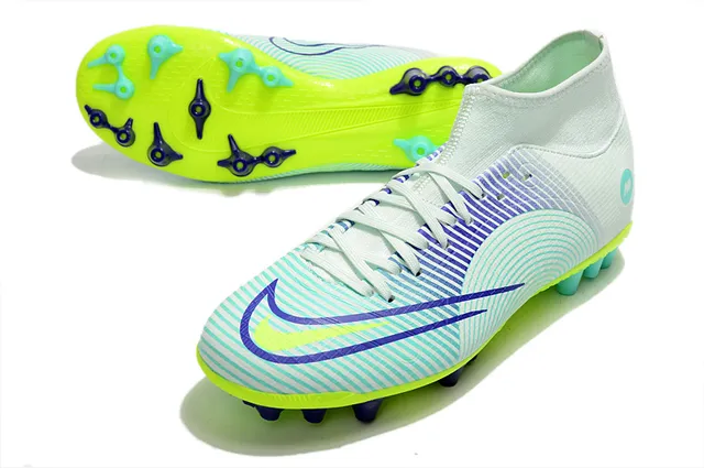 Nike Zapatillas de fútbol azul y naranja de corte alto, cuello para calcetín, texturizado en rejilla, upper sintético, para terreno firme 24