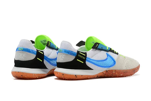 Nike Gato Branco Azul Baixo Perfurado Camurça Malha Superior Sapatos de Futebol Indoor 2