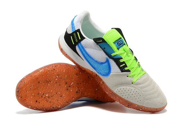 Nike Gato Branco Azul Baixo Perfurado Camurça Malha Superior Sapatos de Futebol Indoor 3