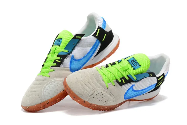 Nike Gato Branco Azul Baixo Perfurado Camurça Malha Superior Sapatos de Futebol Indoor 4