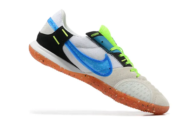 Nike Gato Branco Azul Baixo Perfurado Camurça Malha Superior Sapatos de Futebol Indoor 5