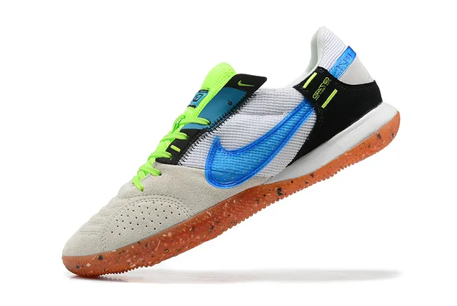 Nike Gato Branco Azul Baixo Perfurado Camurça Malha Superior Sapatos de Futebol Indoor 6