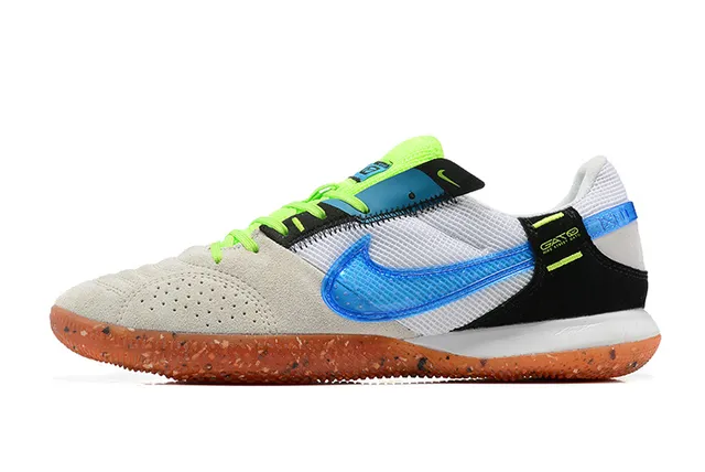 Nike Gato Branco Azul Baixo Perfurado Camurça Malha Superior Sapatos de Futebol Indoor 7