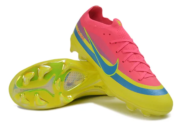 Nike Mercurial Sapatos de futebol rosa e amarelo, upper baixo em malha, sola translúcida neon, para solo firme 3