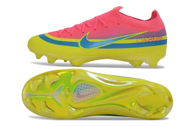 Nike Mercurial Sapatos de futebol rosa e amarelo, upper baixo em malha, sola translúcida neon, para solo firme 5