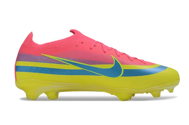 Nike Mercurial Sapatos de futebol rosa e amarelo, upper baixo em malha, sola translúcida neon, para solo firme 7