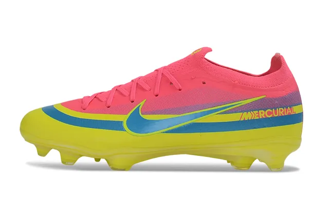 Nike Mercurial Sapatos de futebol rosa e amarelo, upper baixo em malha, sola translúcida neon, para solo firme 8