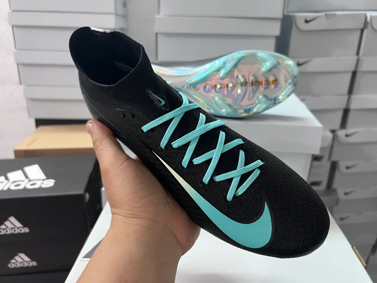 Nike Mercurial Superfly أحذية كرة القدم السوداء الفيروزية البراقة للأرضية الصلبة 4