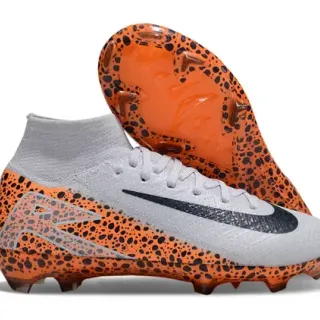 Nike Laranja Preto Alto Corte Flyknit Collar Padrão com Manchas para Campo Firmemente Chuteiras