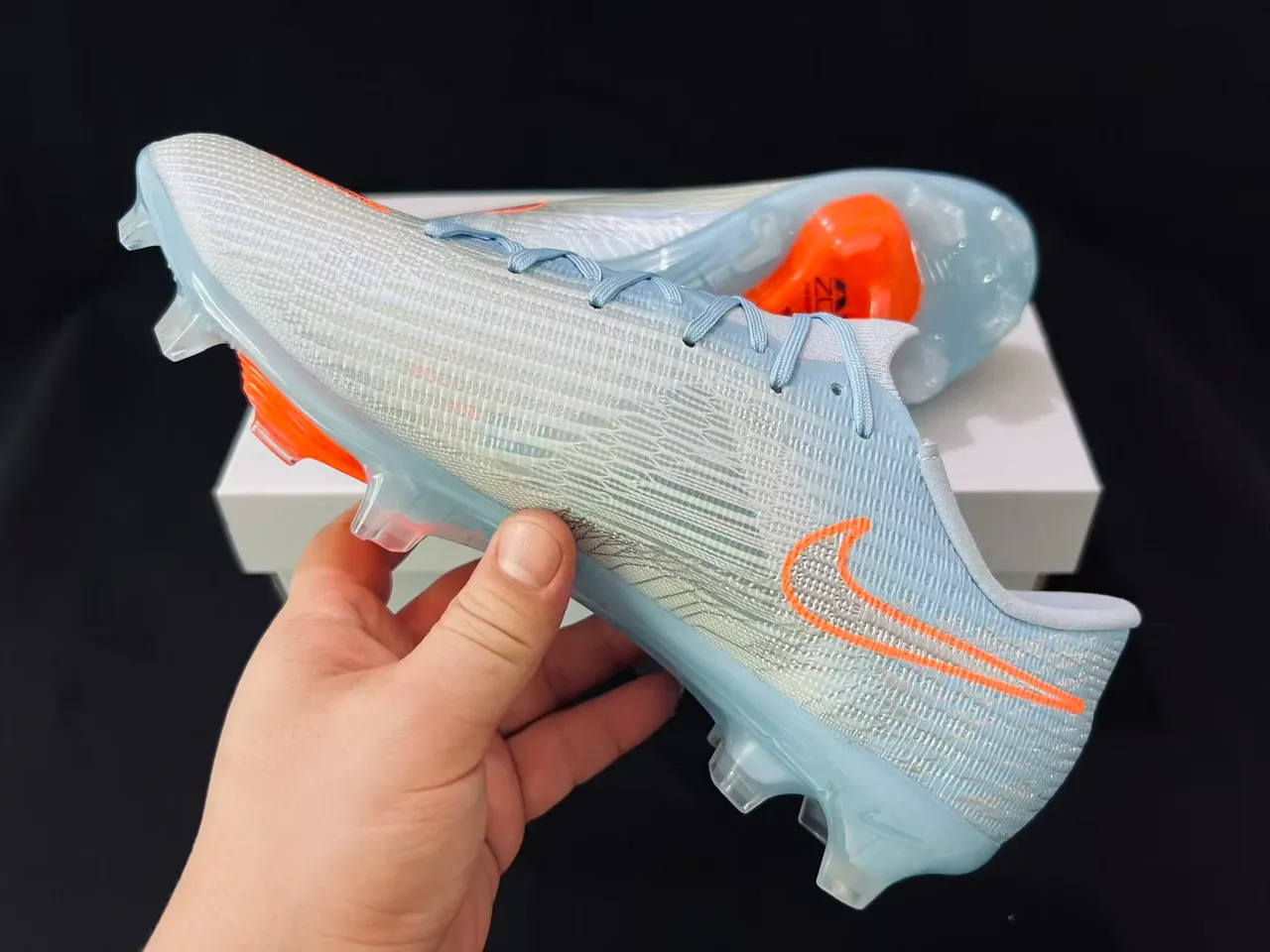 Nike Phantom GT Azul Laranja Flyknit Upper Colarinho Baixo Superfície Firme Sapatos de Futebol 11
