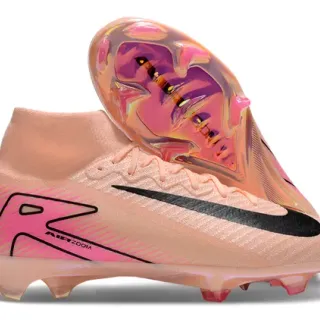 Nike Chaussures de football rose beige coupe haute collet ajusté chaussette iridescent translucide plaque de semelle terrain ferme