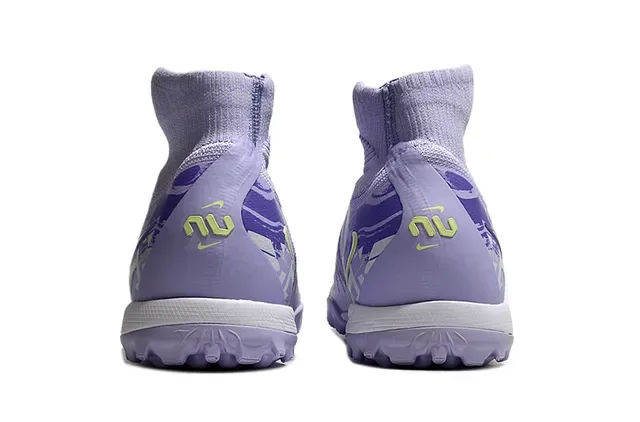 Nike Zapatos de fútbol turf morado y amarillo alto con parte superior de punto y cuello de calcetín 3