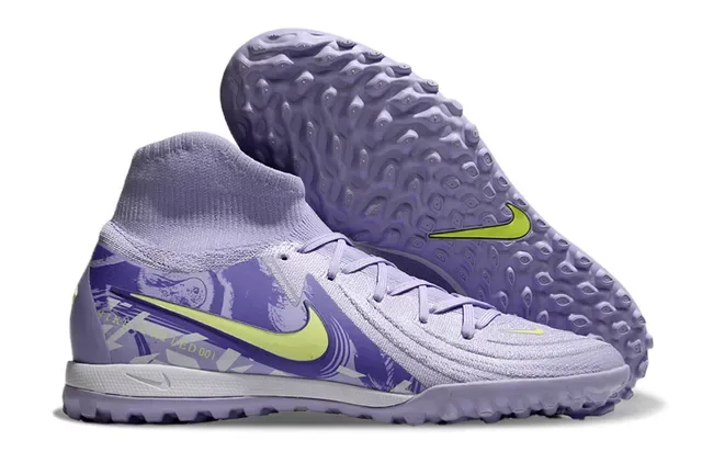 Nike Zapatos de fútbol turf morado y amarillo alto con parte superior de punto y cuello de calcetín 4