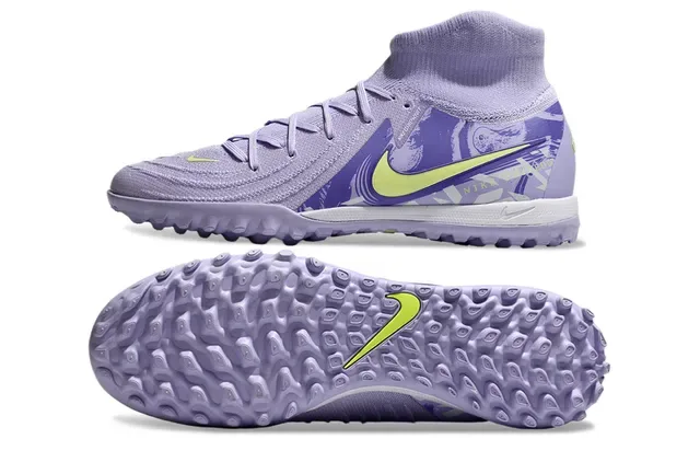Nike Zapatos de fútbol turf morado y amarillo alto con parte superior de punto y cuello de calcetín 5