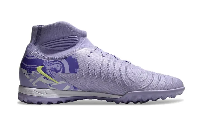 Nike Zapatos de fútbol turf morado y amarillo alto con parte superior de punto y cuello de calcetín 7